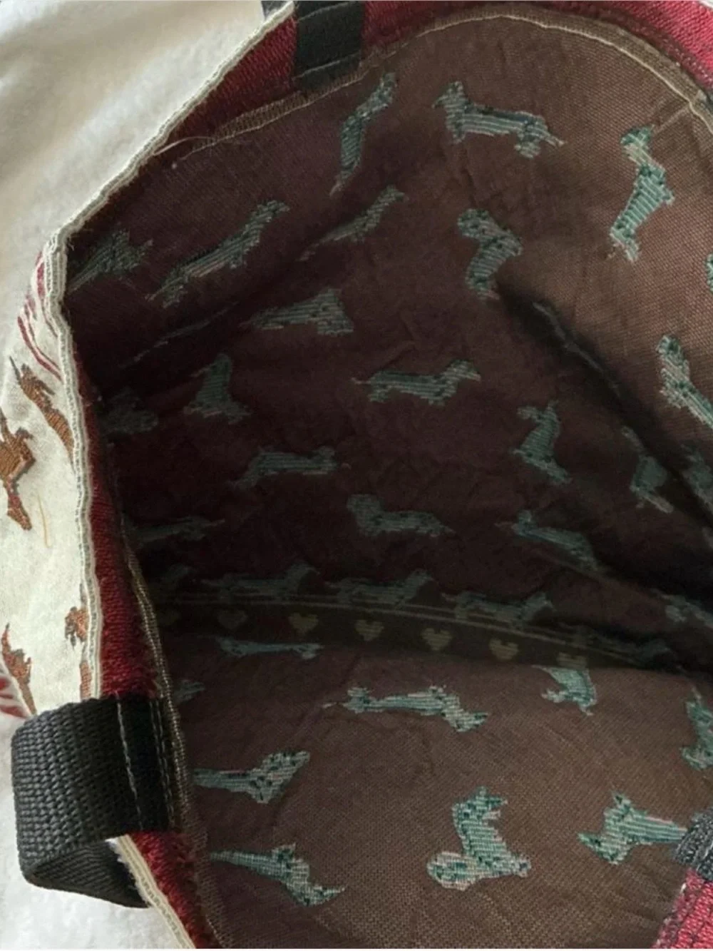 Knitted cotton Dachshund Print Tote Bag in Cream and Brown